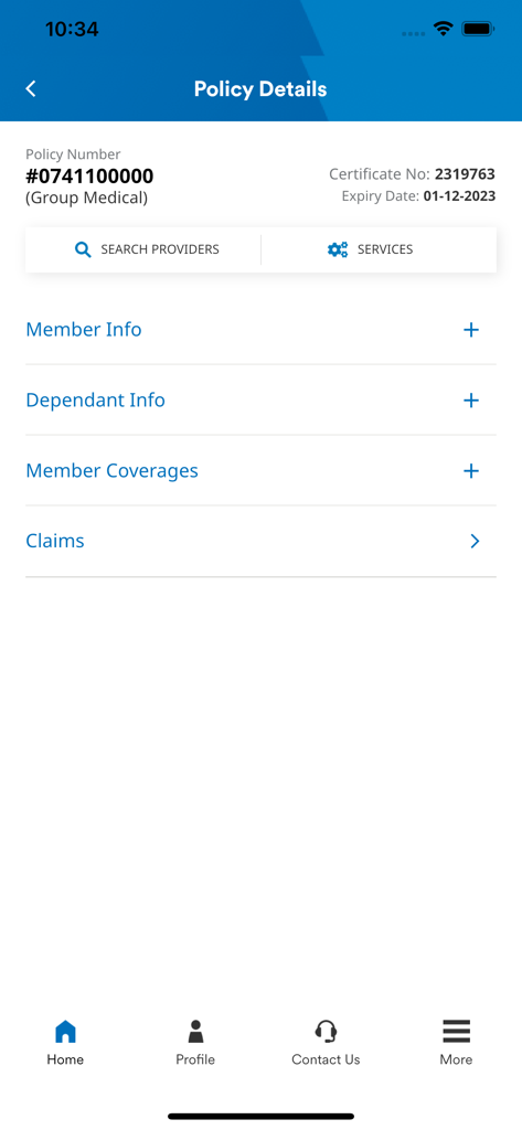 myMetLife Plus - Policy Details screen in the myMetLife Plus mobile app showing insurance coverage and claims information