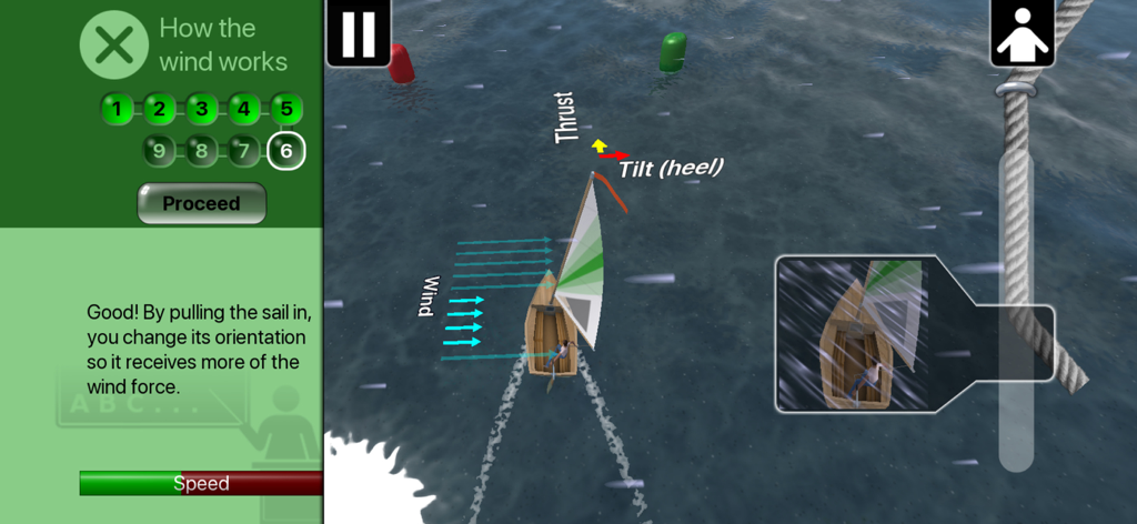 Pantalla de tutorial del simulador Top Sailor explicando la fuerza del viento y la física de los veleros