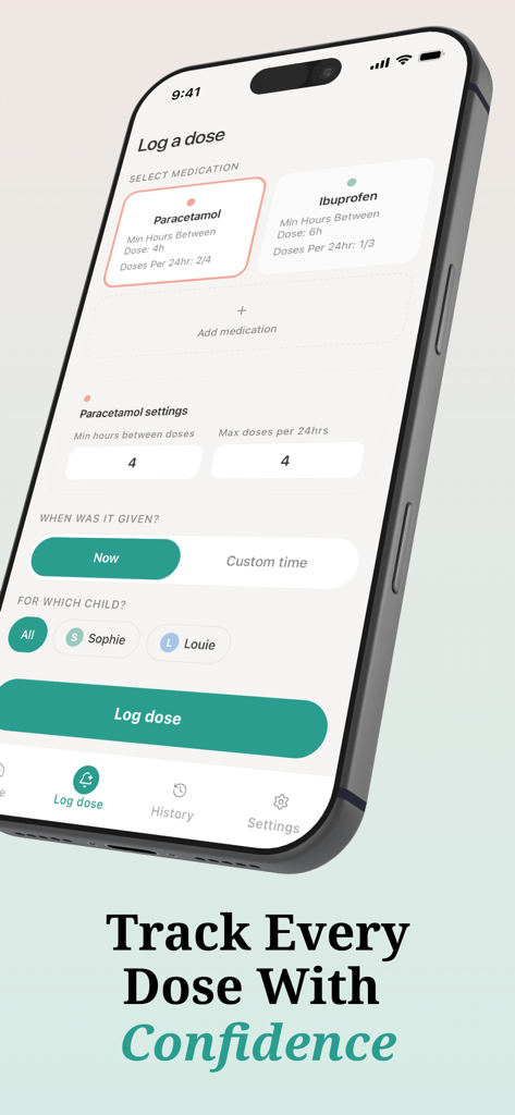Little Doses: Kids Med Tracker - Interface of the Little Doses app showing how to log a medication dose for a child