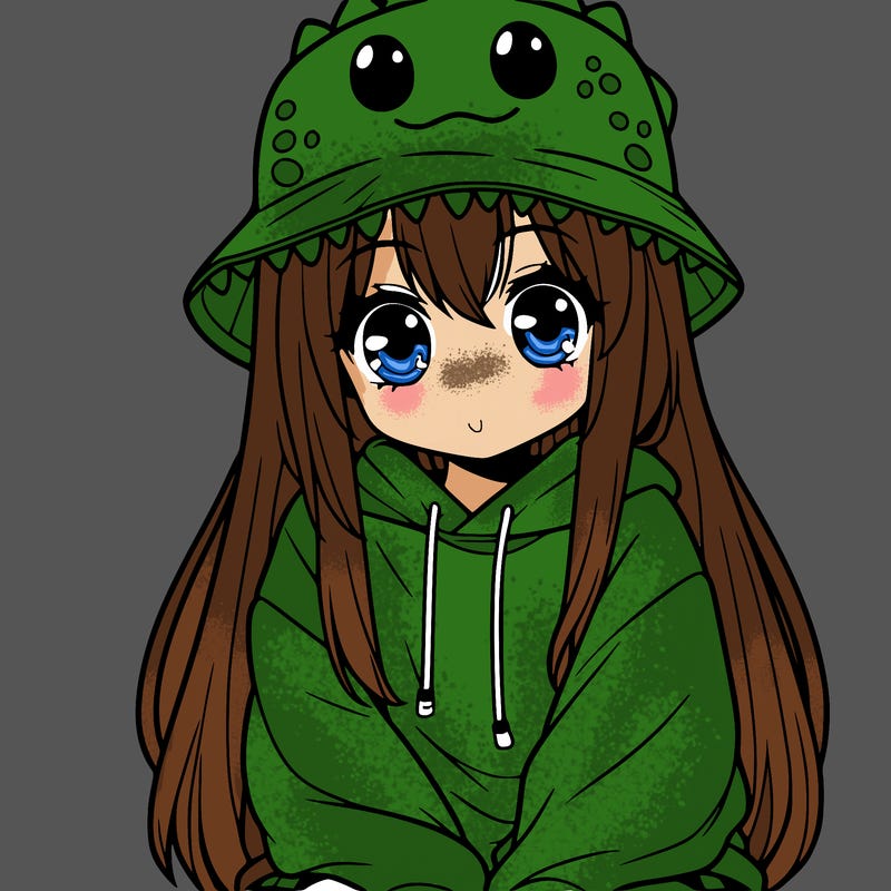 girl with anime shaped eyes with a dinosaur bucket hat oversized sweatshirt long straight hair