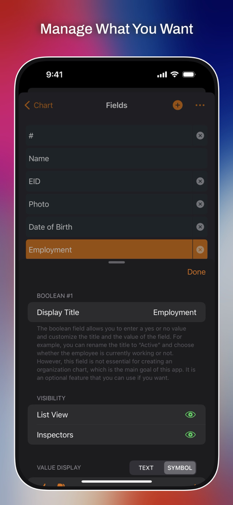 Una interfaz móvil para OrgChartX que muestra la pantalla de gestión de campos donde los usuarios pueden personalizar y gestionar campos de datos del organigrama.