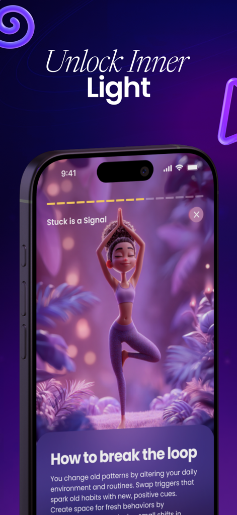 Una pantalla móvil de la aplicación Spirio con un personaje 3D en pose de yoga con el texto Desbloquea la Luz Interior y consejos sobre cómo romper viejos hábitos