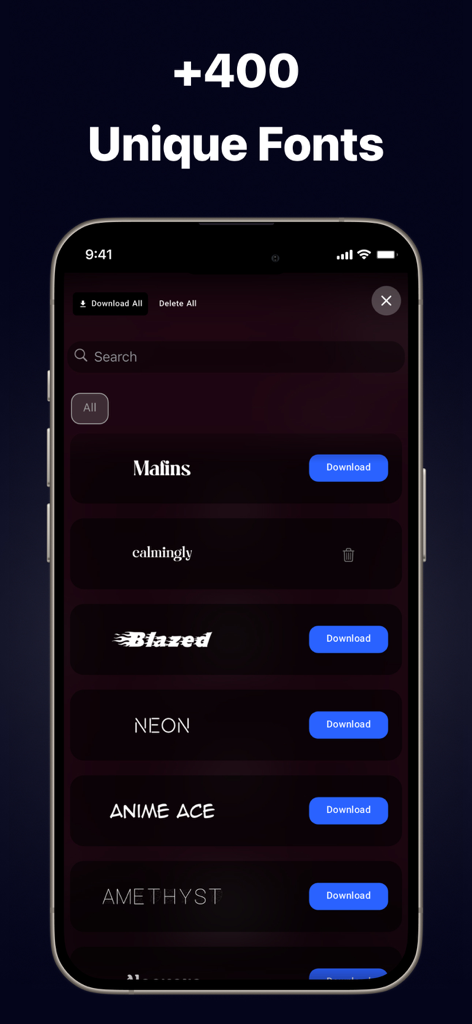 StoryFont for Instagram Story - Interface do aplicativo StoryFont mostrando uma galeria de mais de 400 fontes exclusivas para criação de conteúdo de redes sociais