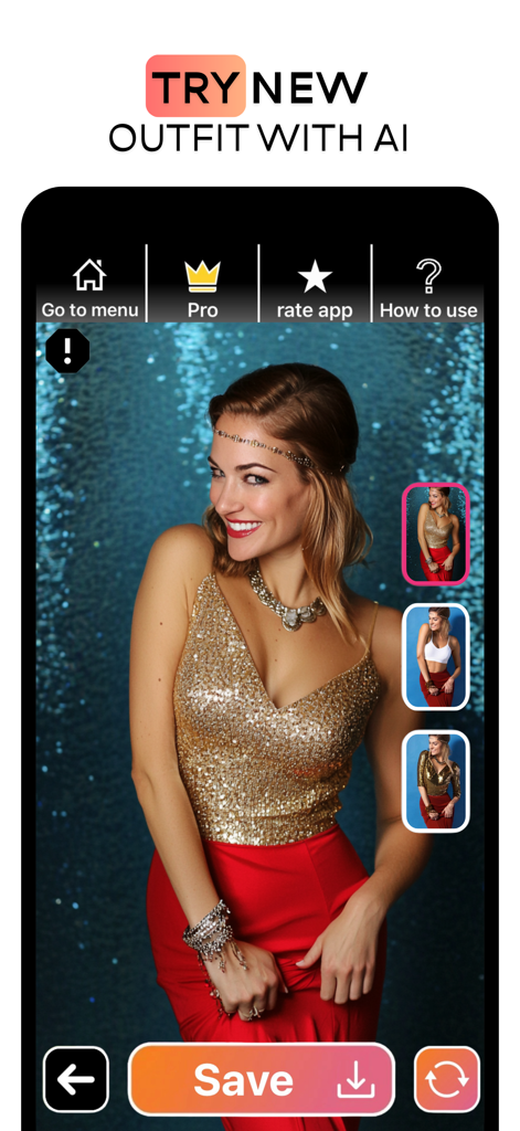 AI Dress App-Try on Clothes - A woman using the AI Dress App to virtually try on a gold sequined top and red skirt with different outfit options displayed as thumbnails.