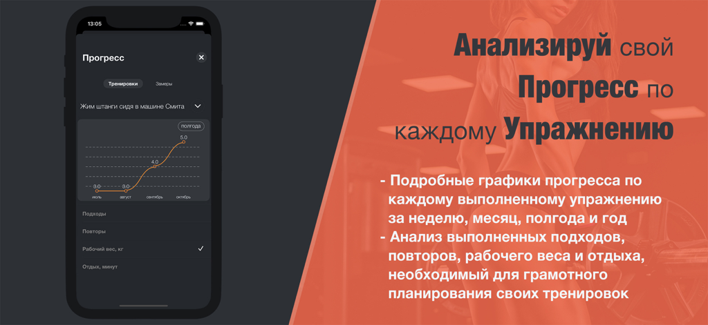 Дневник Тренировок - My Fit - Screenshot of the My Fit app showing a detailed workout progress chart for gym exercises