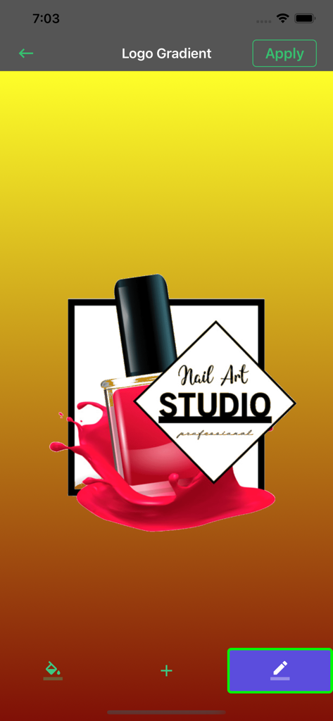 Create Logo Maker for Business - Interfaz de una aplicación creadora de logos que muestra un logo personalizado de estudio de arte de uñas con un fondo degradado