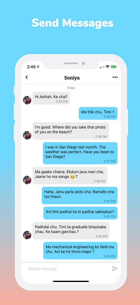 Mooche - Modern Nepali Dating - Chat interface of Mooche Nepali dating app showing a conversation between two users in English and Nepali.
