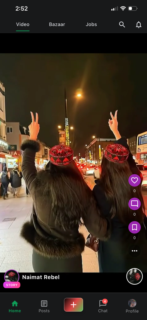 AfghanG: Digital Afghanistan - Mobile interface of the AfghanG app displaying a video of women in traditional Afghan caps.