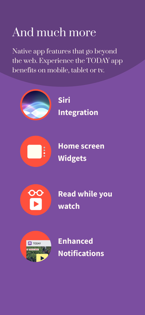 TODAY Show - A list of TODAY Show app features including Siri integration home screen widgets and enhanced notifications on a purple background