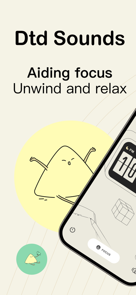 Dtd Sounds app interface for focus and relaxation featuring a minimalist aesthetic and digital flip clock