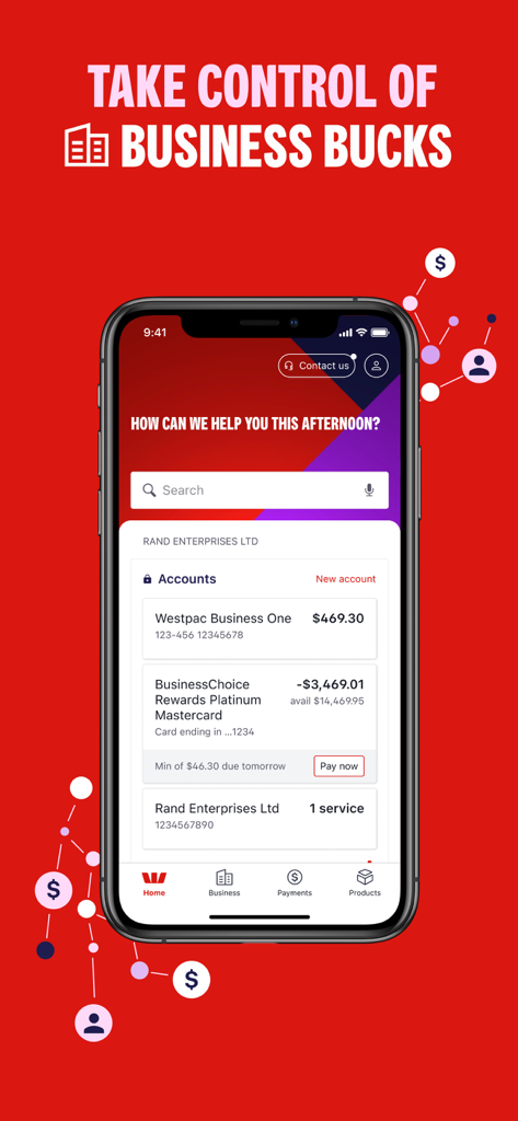 Westpac - Westpac mobile app showing business account overview for Rand Enterprises Ltd on an iPhone