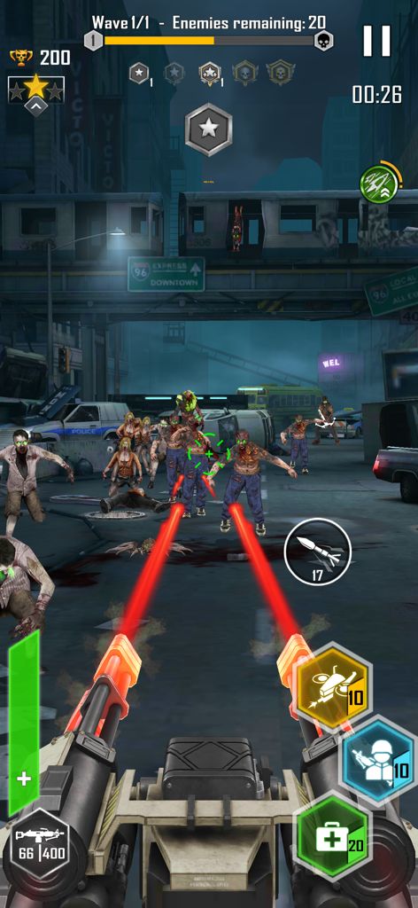 Zombie Hunter: Shoot or Dead - First person perspective of a player using a heavy sentry gun to fight a zombie horde in a city environment