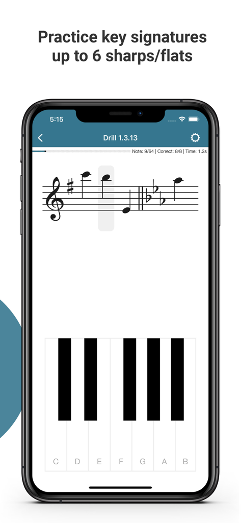 Complete Music Reading Trainer - Complete Music Reading Trainer app displaying a key signature practice drill with a treble clef and a virtual piano keyboard on a smartphone