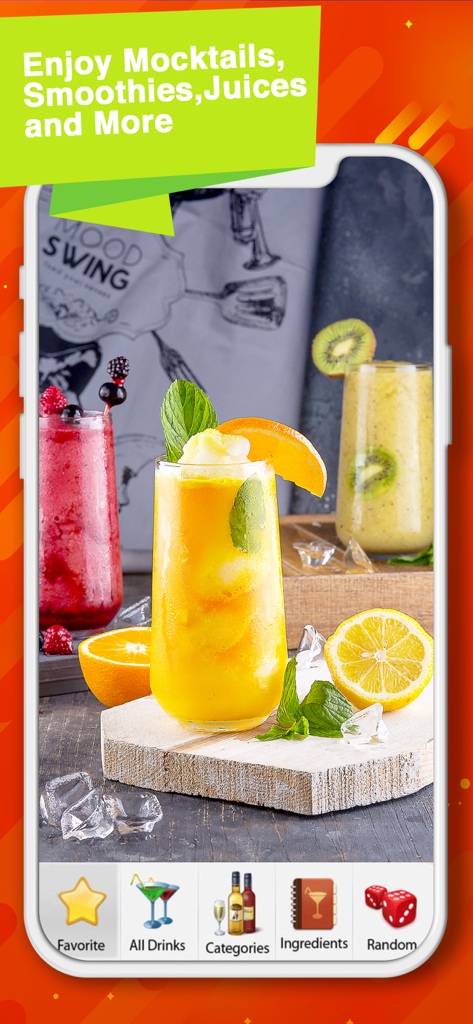 Smartphone screen displaying colorful mocktails and smoothies from the 8500 Drink Recipes app