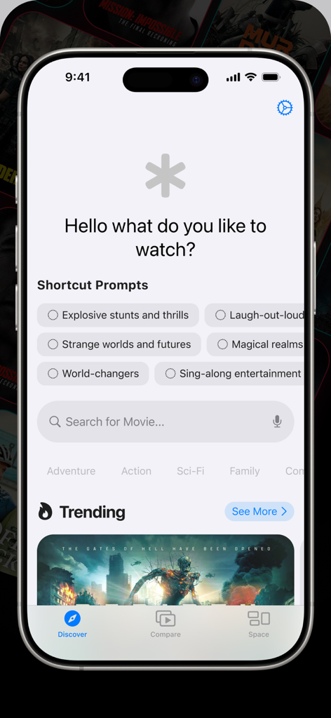 Écran d'accueil de l'application Micr Master Movies montrant des invites de raccourcis et des films tendances pour une découverte rapide.