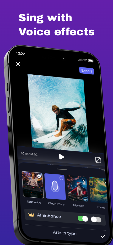 Voicely : Ringtone & AI Voice - Voicely app interface showing singing voice effects and AI enhancement options on a smartphone
