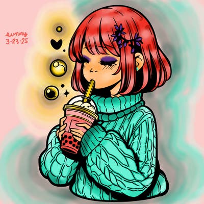 manga girl drinking boba in cozy sweater