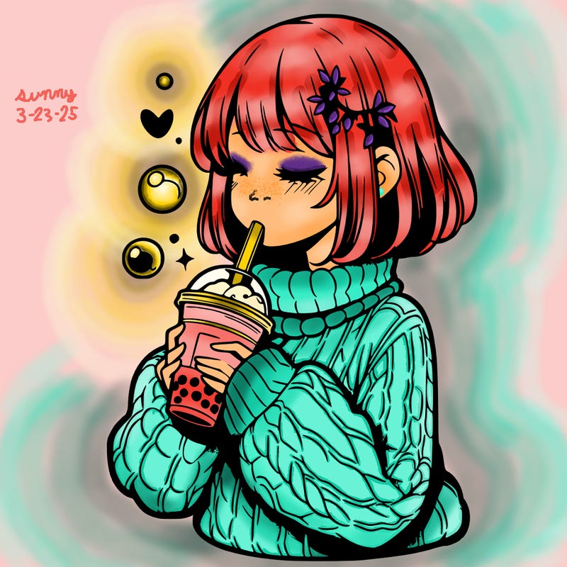 manga girl drinking boba in cozy sweater