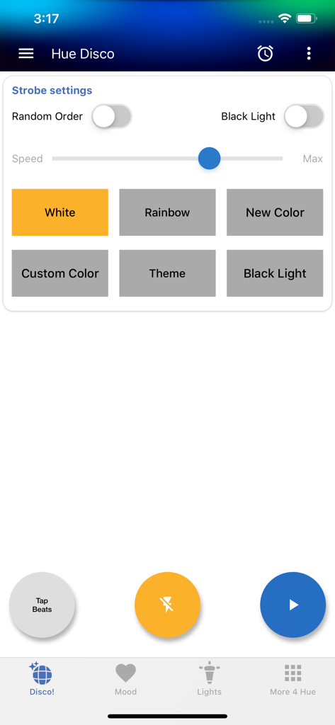 Hue Disco - Hue Disco app screen showing strobe light settings with speed slider and color selection buttons for smart home lighting