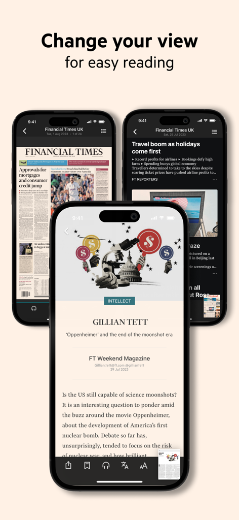 FT Digital Edition app showing different newspaper reading views on mobile screens