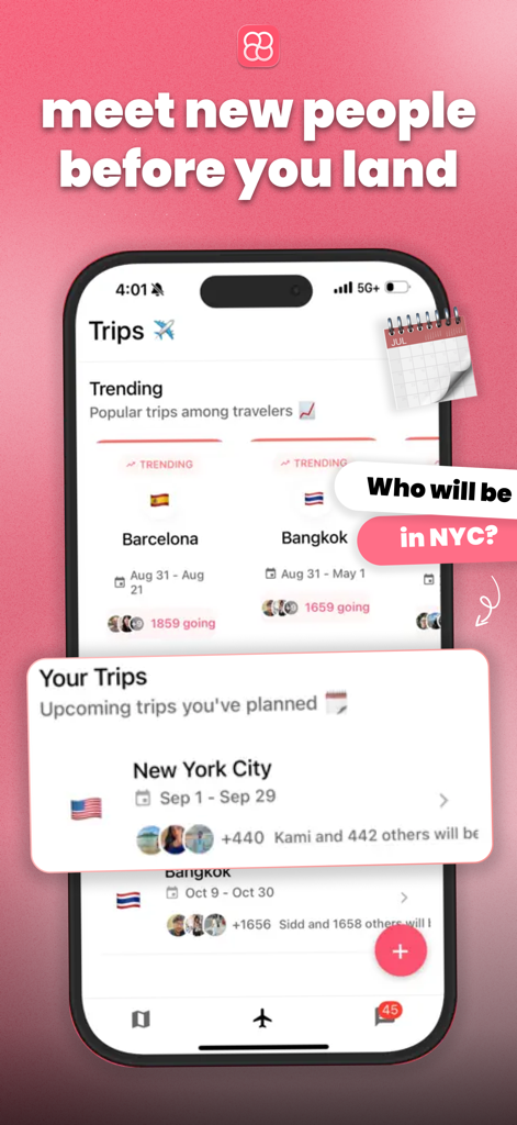 nomadtable: travel friends - Nomadtable app interface showing trending trips and upcoming travel plans to meet solo travelers