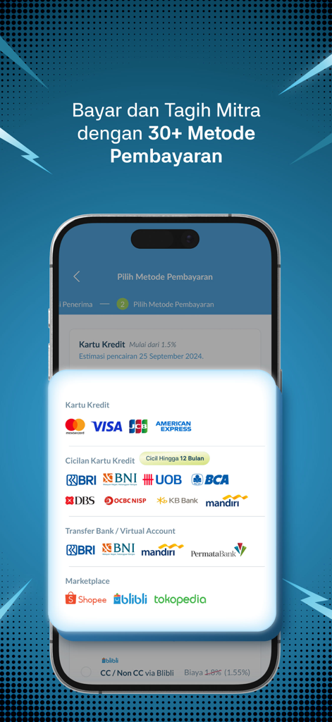 Paper.id: Online Invoicing - Mobile app interface showing over thirty business payment options including credit cards bank transfers and digital marketplaces