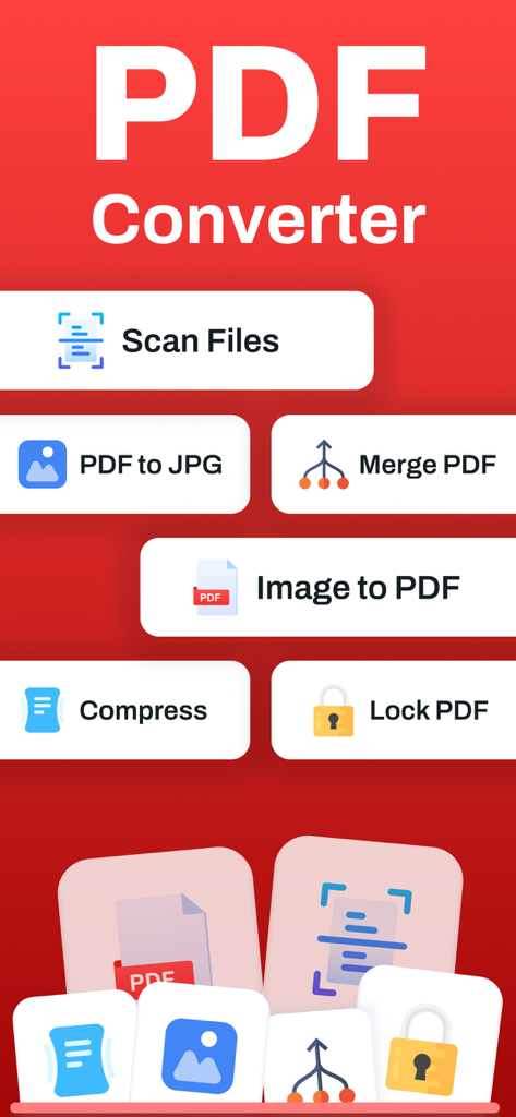 Um resumo dos recursos do aplicativo PDF Converter, incluindo digitalização, mesclagem e bloqueio de arquivos