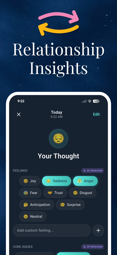 Couples Relationship AI App - Pantalla de la Aplicación de IA para Relaciones de Pareja que muestra información de la relación y seguimiento emocional con sentimientos detectados por IA