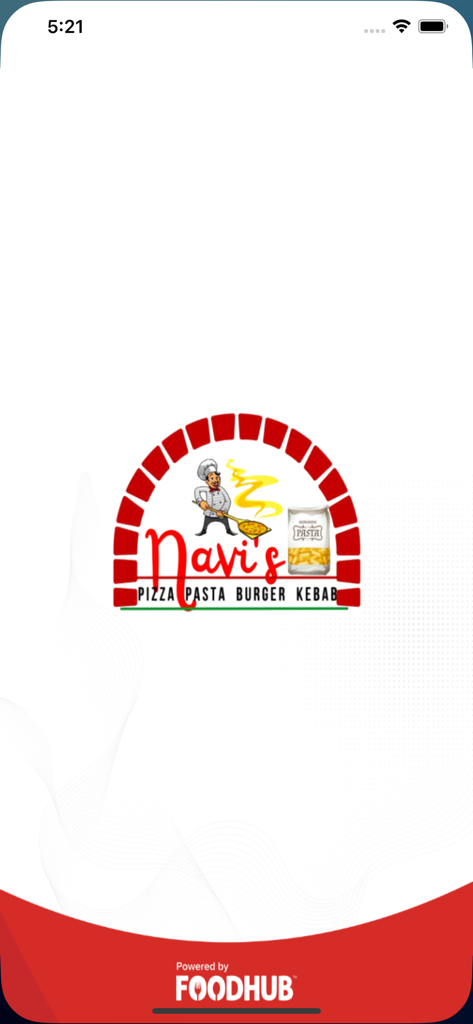 NAVI'S - Splash screen of the NAVIS food delivery app featuring their logo for pizza pasta burger and kebab