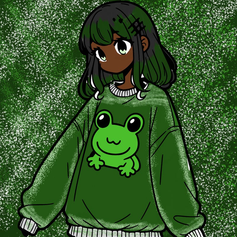 girl wearing frogging sweatshirt