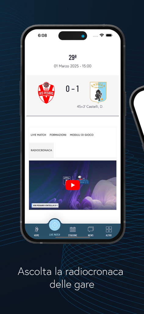 Oberfläche der Virtus Entella Mobile App mit Live-Spielstand und Radio-Kommentaroption