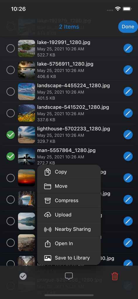 AirDisk: File Manager - AirDisk File Manager app showing a list of photos and a menu with options to copy move or compress files