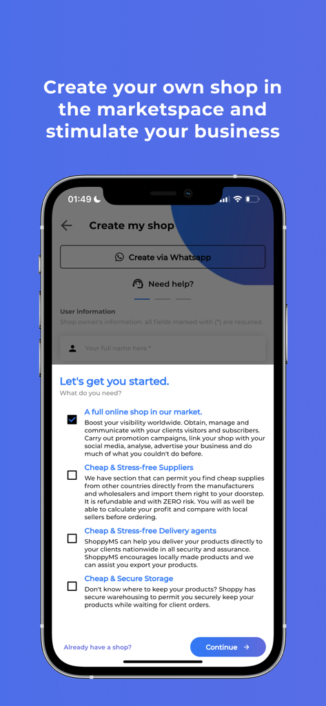 ShoppyMS: Shop Near You - Pantalla de la aplicación móvil para crear una tienda en ShoppyMS con opciones de proveedores y entrega.