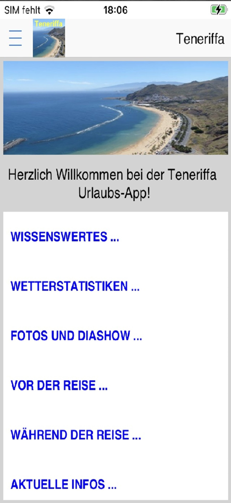 Teneriffa App für den Urlaub - Main menu of the Teneriffa travel app featuring categories like weather statistics and trip planning