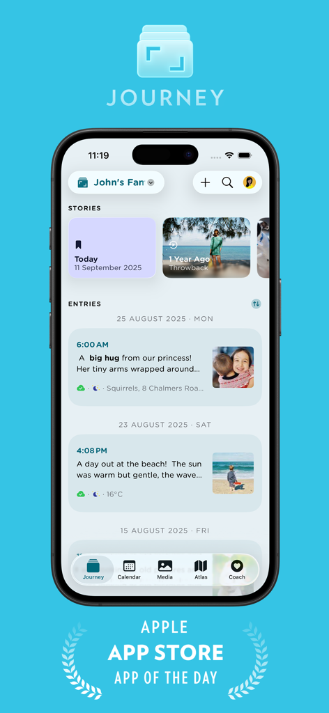 Pantalla de smartphone mostrando la aplicación de diario Journey con entradas de diario personales y fotos