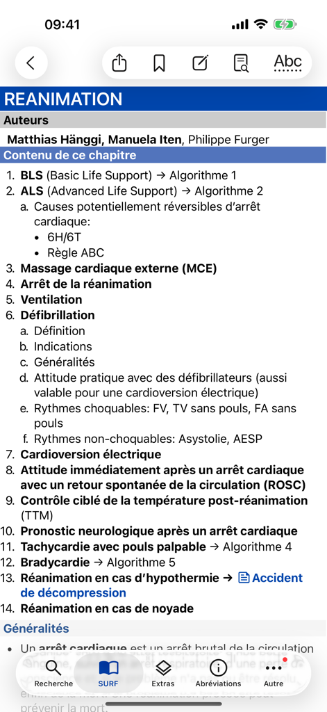 SURF - BLSやALSなどの救急プロトコルを示す、SURF医学アプリの蘇生章の目次