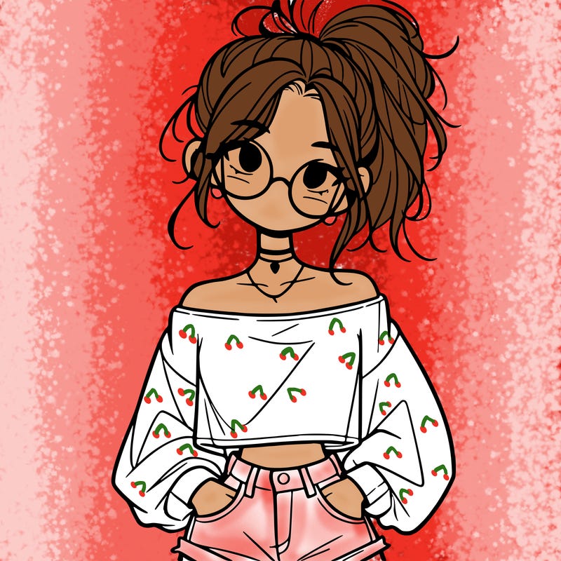 girl with a messy ponytail glasses a baggy crop top and jean shorts