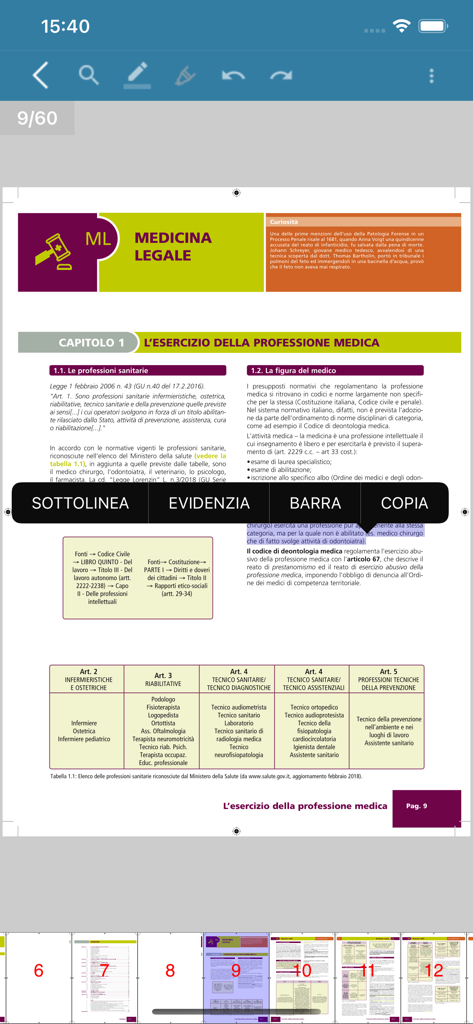 Manuali AIMS - A page from a medical manual within the Manuali AIMS app showing text selection tools for highlighting and underlining