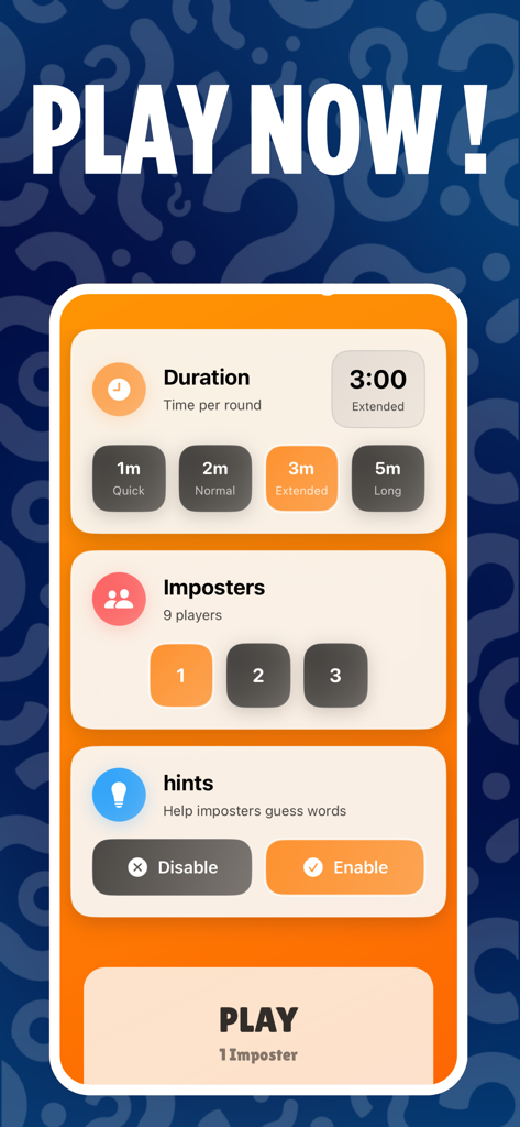 Setup screen for CapIt Impostor showing game duration settings and imposter selection options