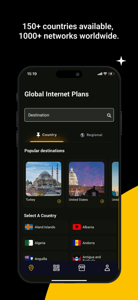 Golden eSIM - Global Internet - Pantalla de la aplicación Golden eSIM que muestra planes de internet globales y destinos de viaje populares.