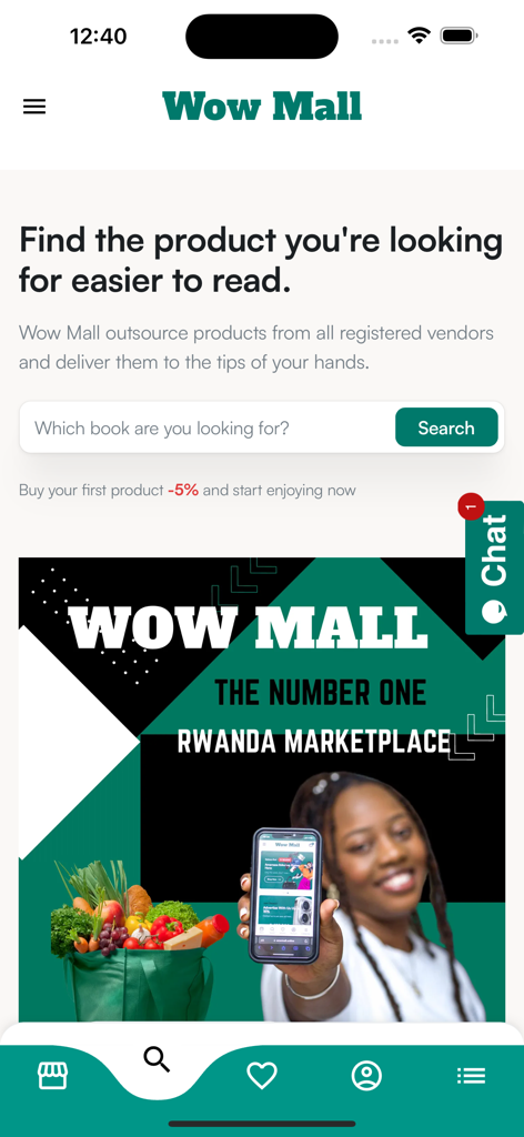 Wow_Mall - Wow Mall app home screen featuring the Rwanda marketplace banner and search bar