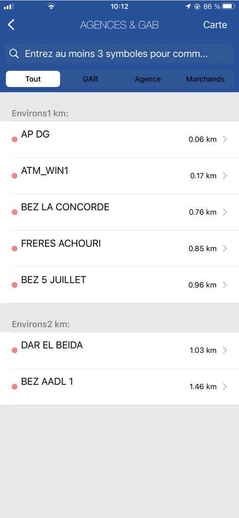 List of nearby Algeria Post agencies and ATMs in the BaridiMob app