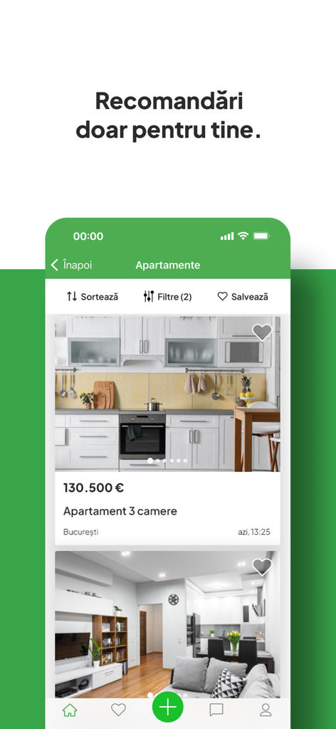 Mobile app interface of homeZZ showing apartment listings in Bucharest with prices and filters