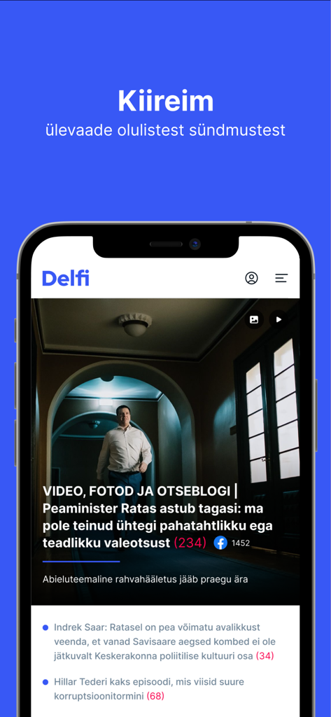 Delfi EE - Delfi EE mobile app interface featuring breaking news headlines and political stories from Estonia.