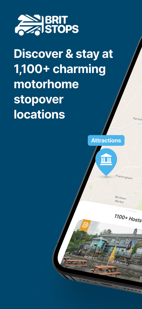 Brit Stops - Brit Stops mobile app interface showing a map and photos of motorhome stopover locations in the UK.