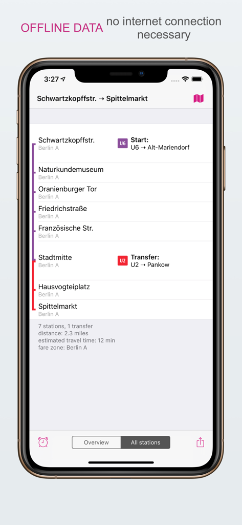 City Rail Map - Travel Offline - iPhone screenshot of City Rail Map app showing a detailed subway route in Berlin with offline navigation data