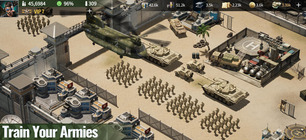 War Games - Commander - Isometric view of a military base showing rows of soldiers tanks and a transport helicopter with the text Train Your Armies