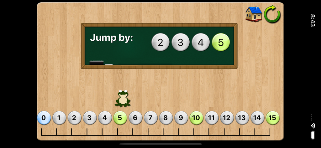 Number Lines School Edition - A frog on a number line demonstrating skip counting by five in the Number Lines School Edition app