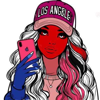 realistic beautiful girl wearing los ángeles cap holding an iphone