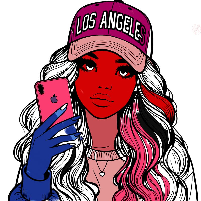 realistic beautiful girl wearing los ángeles cap holding an iphone